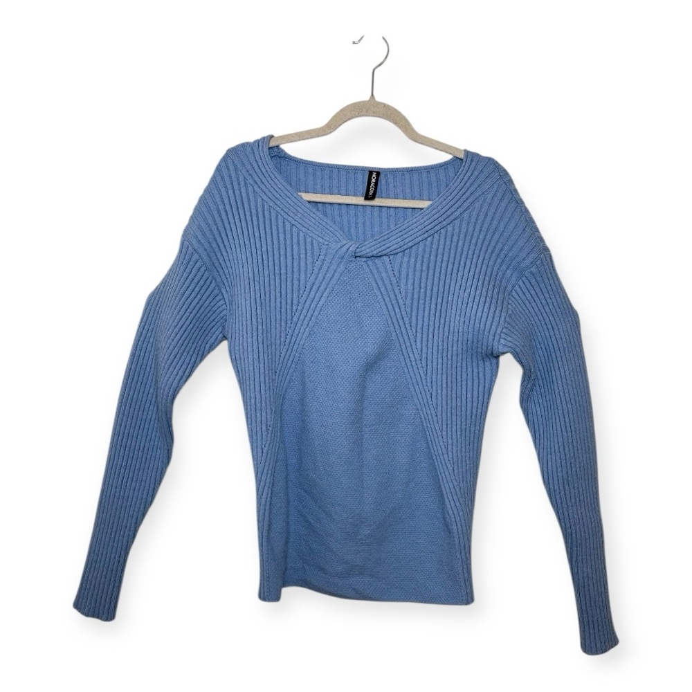 Noracora Blue Ribbed Knit Twist Front Sweater Soft Textured Pullover Large